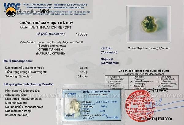 giấy giám định Mặt Dây Hồ Ly Thạch anh vàng VIP bọc bạc